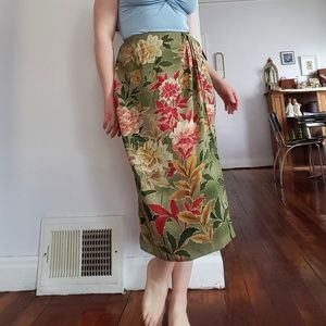 Vintage Silk Floral Faux-Wrap Midi Skirt